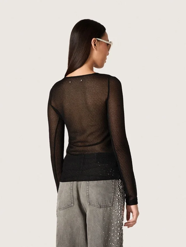 Jersey de cuello redondo para mujer con estampado jacquard floral negro