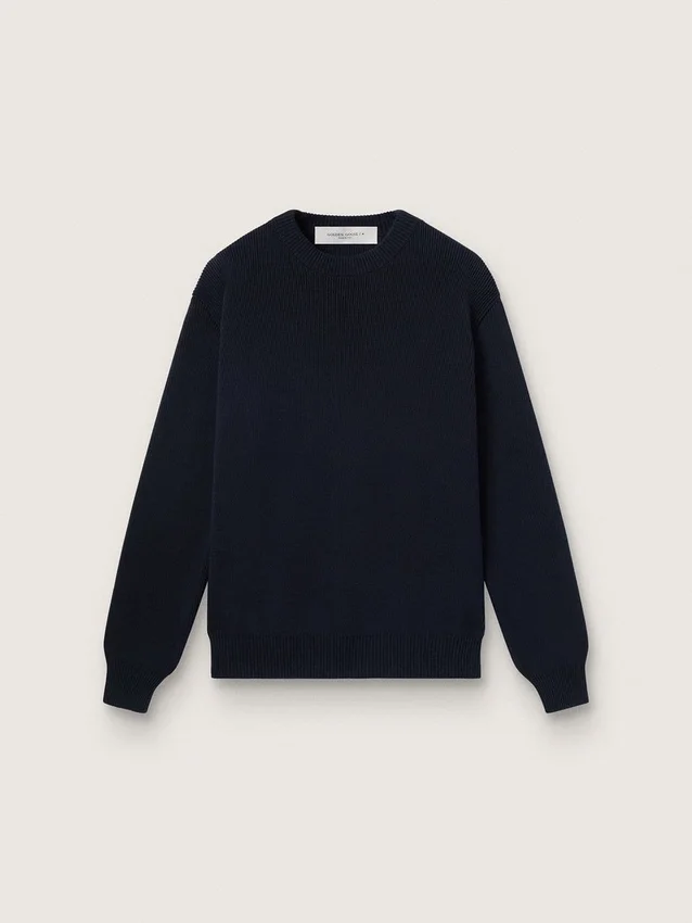 Jersey de cuello redondo para mujer en algodón azul oscuro con logotipo en la espalda