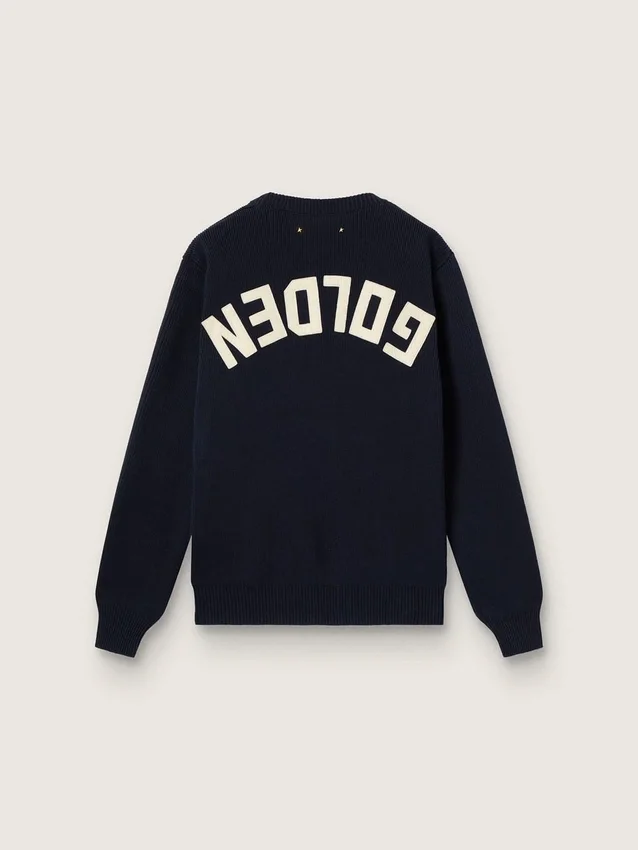 Jersey de cuello redondo para mujer en algodón azul oscuro con logotipo en la espalda