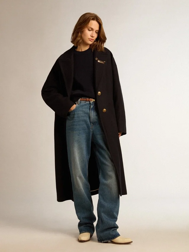 Jersey de cuello redondo para mujer en algodón azul oscuro con logotipo en la espalda