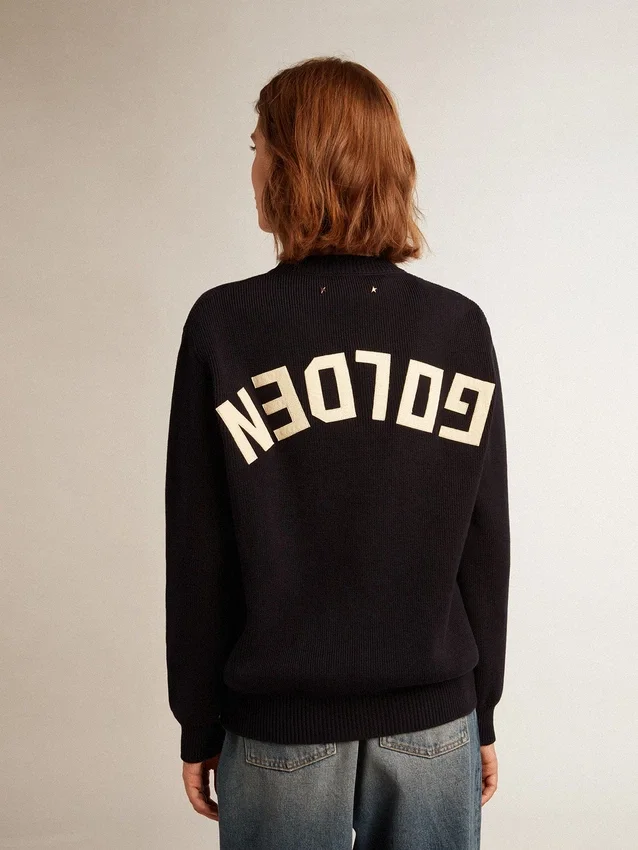 Jersey de cuello redondo para mujer en algodón azul oscuro con logotipo en la espalda