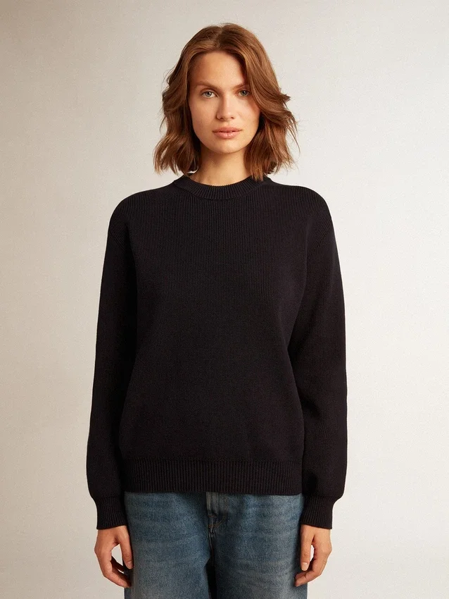 Jersey de cuello redondo para mujer en algodón azul oscuro con logotipo en la espalda