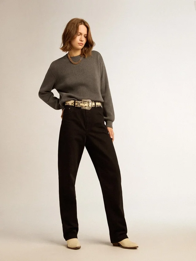 Jersey de cuello redondo para mujer en algodón gris oscuro con logotipo en la espalda
