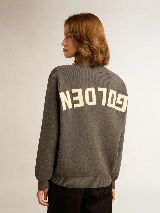 Jersey de cuello redondo para mujer en algodón gris oscuro con logotipo en la espalda
