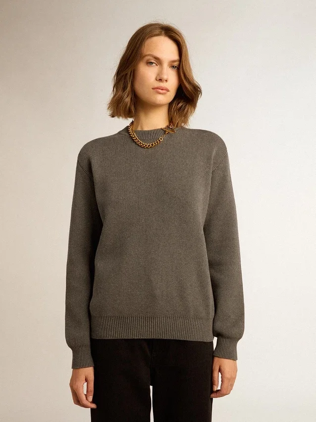 Jersey de cuello redondo para mujer en algodón gris oscuro con logotipo en la espalda