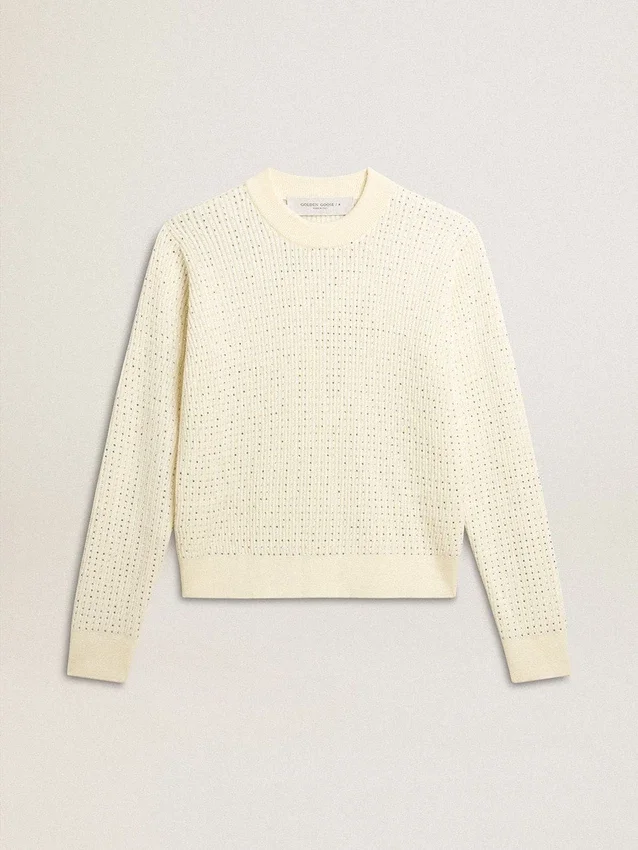 Jersey de cuello redondo para mujer en lana merina blanca con cristales por toda la prenda