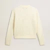 Jersey de cuello redondo para mujer en lana merina blanca con cristales por toda la prenda