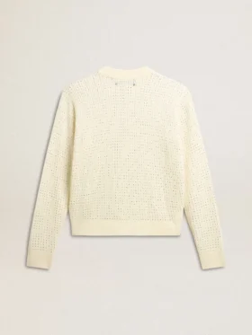 Jersey de cuello redondo para mujer en lana merina blanca con cristales por toda la prenda