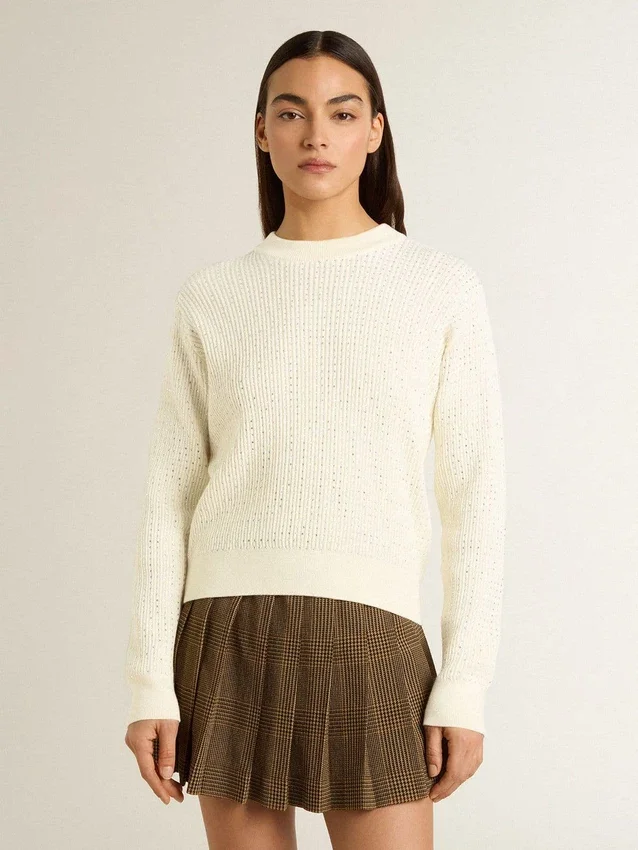 Jersey de cuello redondo para mujer en lana merina blanca con cristales por toda la prenda