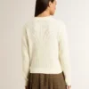 Jersey de cuello redondo para mujer en lana merina blanca con cristales por toda la prenda