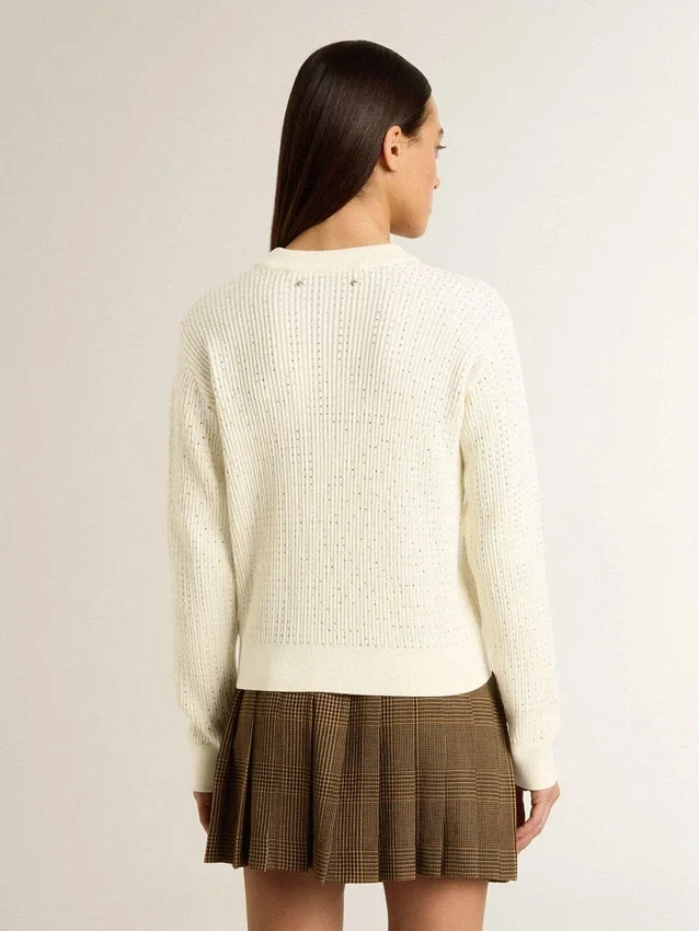 Jersey de cuello redondo para mujer en lana merina blanca con cristales por toda la prenda