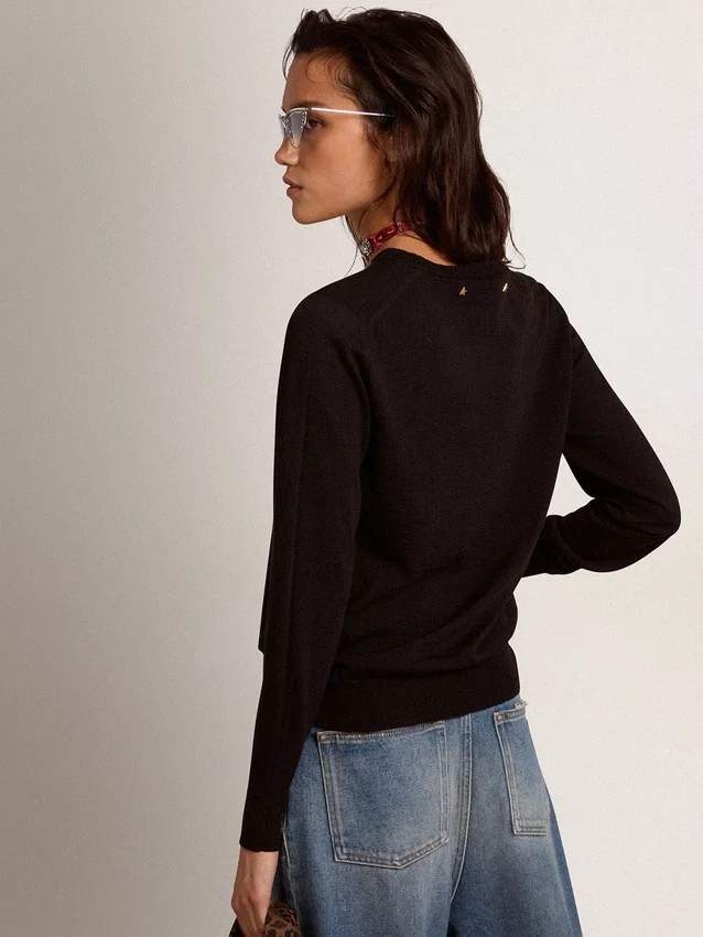 Jersey de cuello redondo para mujer en lana negra
