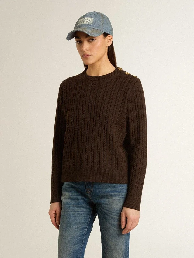 Jersey de cuello redondo para mujer en mezcla de lana con botones dorados