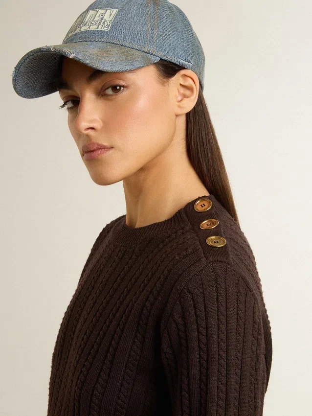 Jersey de cuello redondo para mujer en mezcla de lana con botones dorados