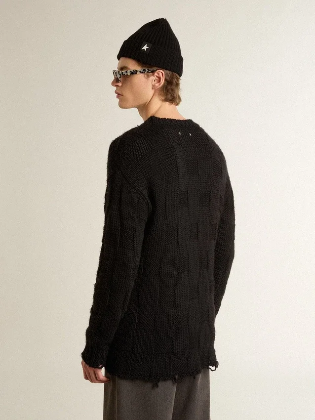 Jersey de lana negro para hombre con efecto desgastado