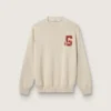 Jersey unisex de cuello redondo de algodón beige con parche en la parte delantera y logotipo en la espalda