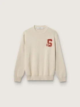 Jersey unisex de cuello redondo de algodón beige con parche en la parte delantera y logotipo en la espalda