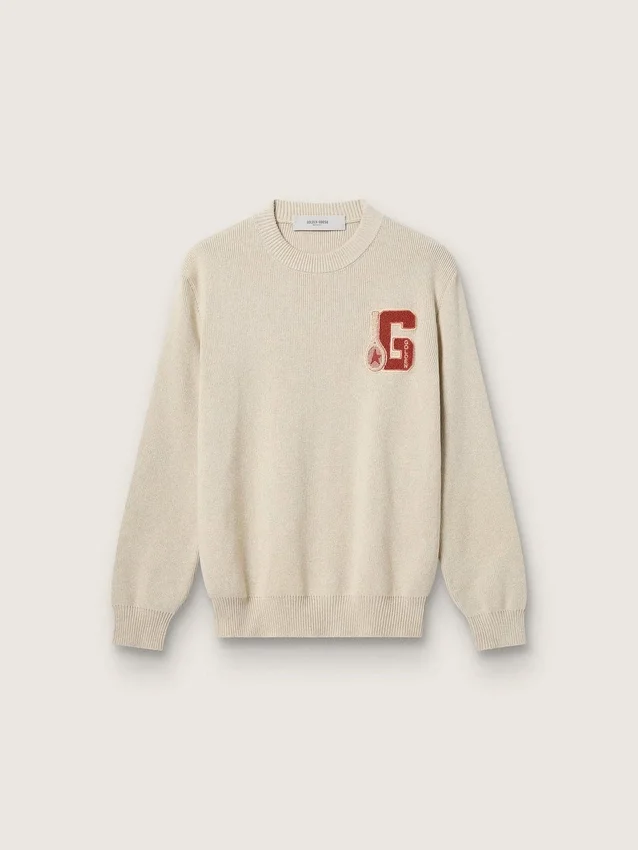 Jersey unisex de cuello redondo de algodón beige con parche en la parte delantera y logotipo en la espalda