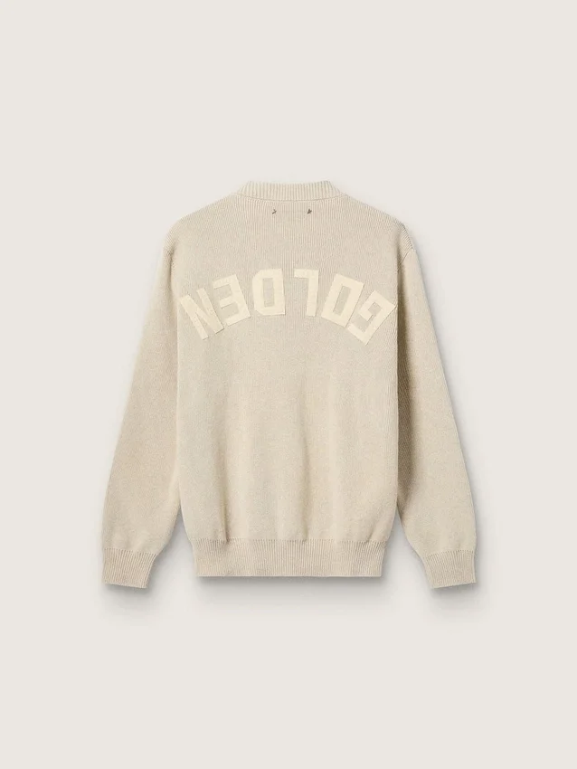 Jersey unisex de cuello redondo de algodón beige con parche en la parte delantera y logotipo en la espalda