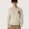Jersey unisex de cuello redondo de algodón beige con parche en la parte delantera y logotipo en la espalda