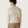 Jersey unisex de cuello redondo de algodón beige con parche en la parte delantera y logotipo en la espalda