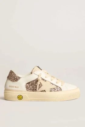 May Teen en piel blanca y purpurina dorada rosa con estrella de ante beige