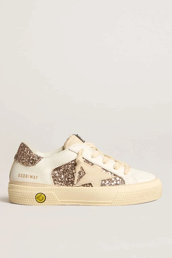 May Teen en piel blanca y purpurina dorada rosa con estrella de ante beige