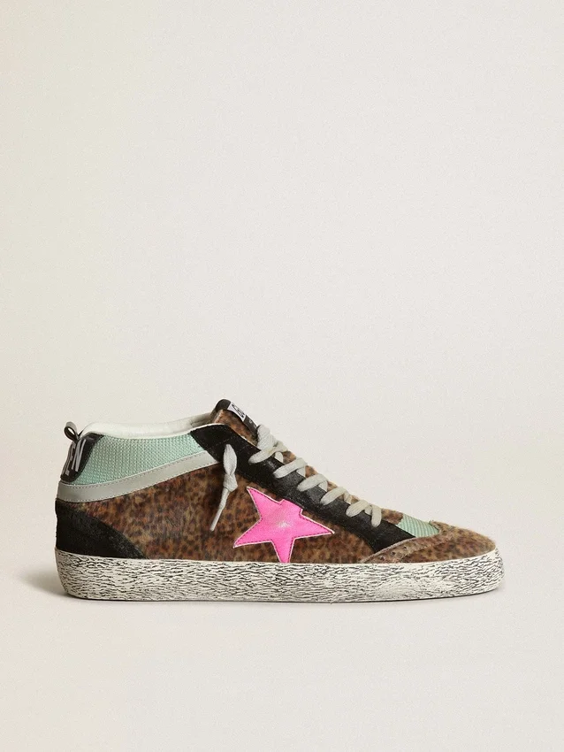 Mid Star en piel de potro con estampado de leopardo y estrella de piel fucsia