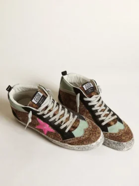 Mid Star en piel de potro con estampado de leopardo y estrella de piel fucsia