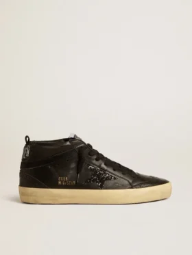 Mid Star para mujer en napa negra con estrella negra brillante y detalle en ante