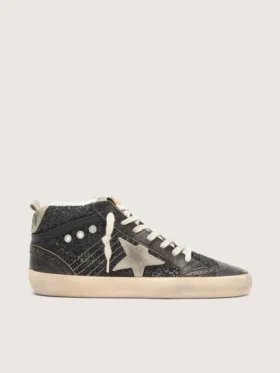 Mid Star para mujer en negro brillante con estrella y lengüeta del talón de ante gris paloma