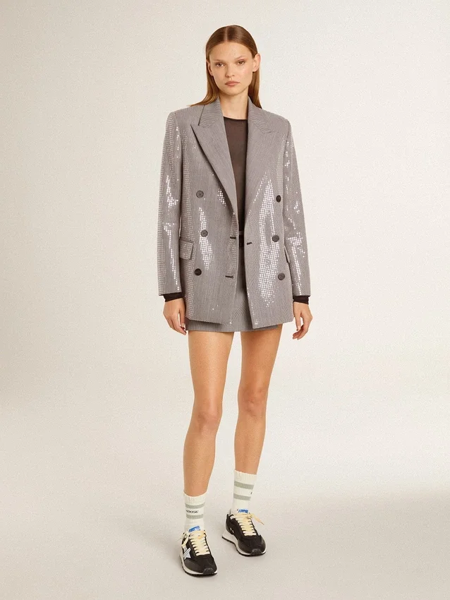 Minishorts grises de mujer de lana con estampado de pata de gallo