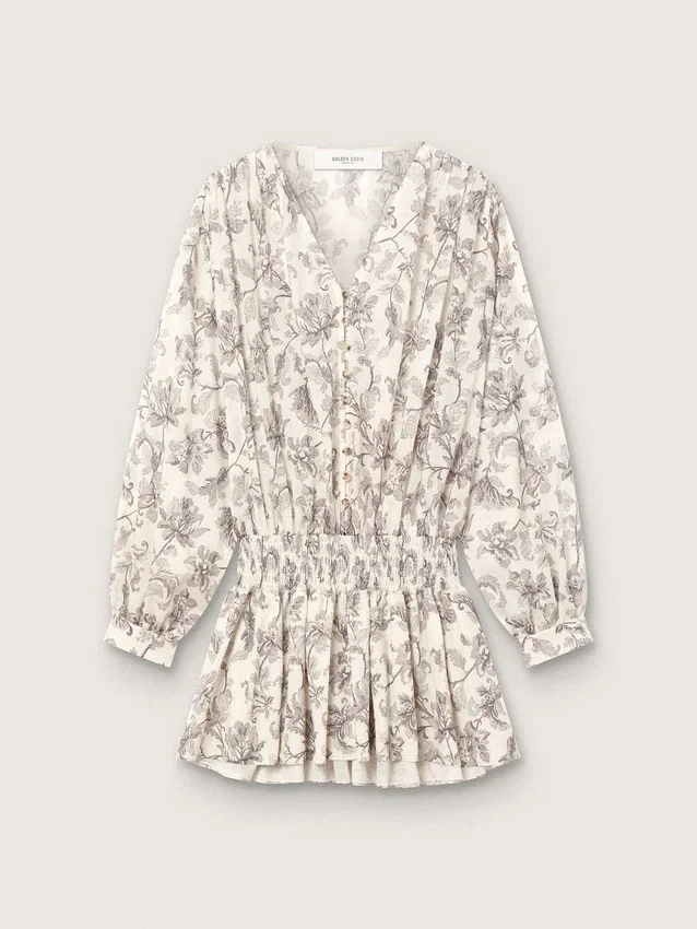 Minivestido de algodón para mujer con estampado floral en blanco y negro