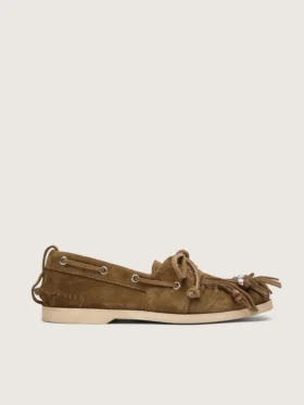 Mocasines Cruise para mujer en ante caqui con flecos y abalorios multicolores