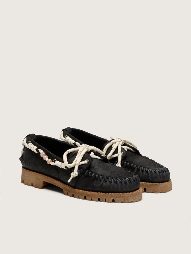 Mocasines Cruise para mujer en ante encerado negro con cordones negros de senderismo