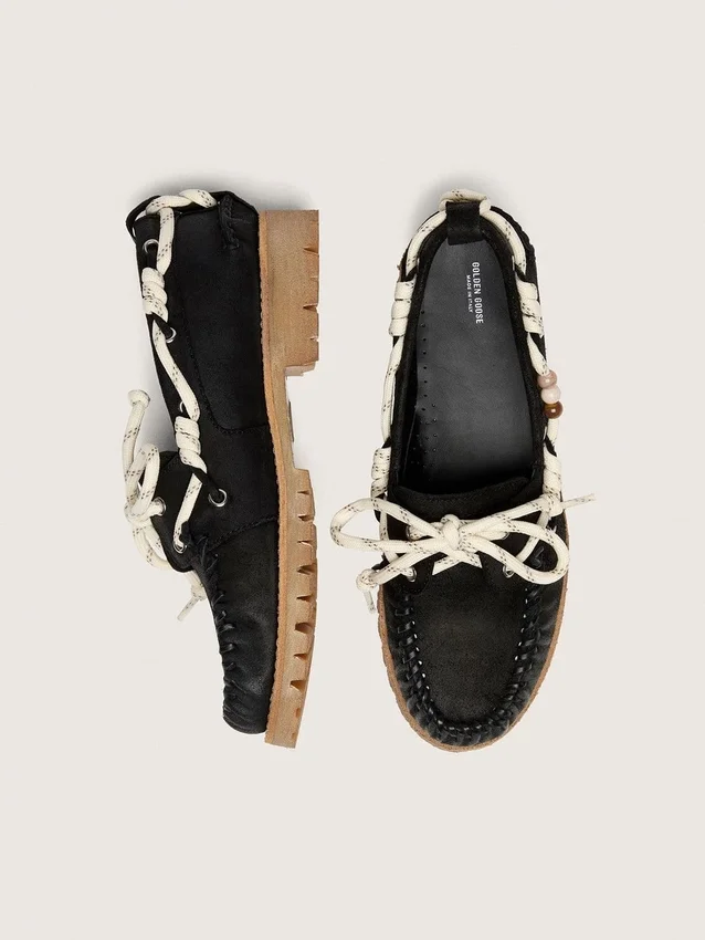 Mocasines Cruise para mujer en ante encerado negro con cordones negros de senderismo