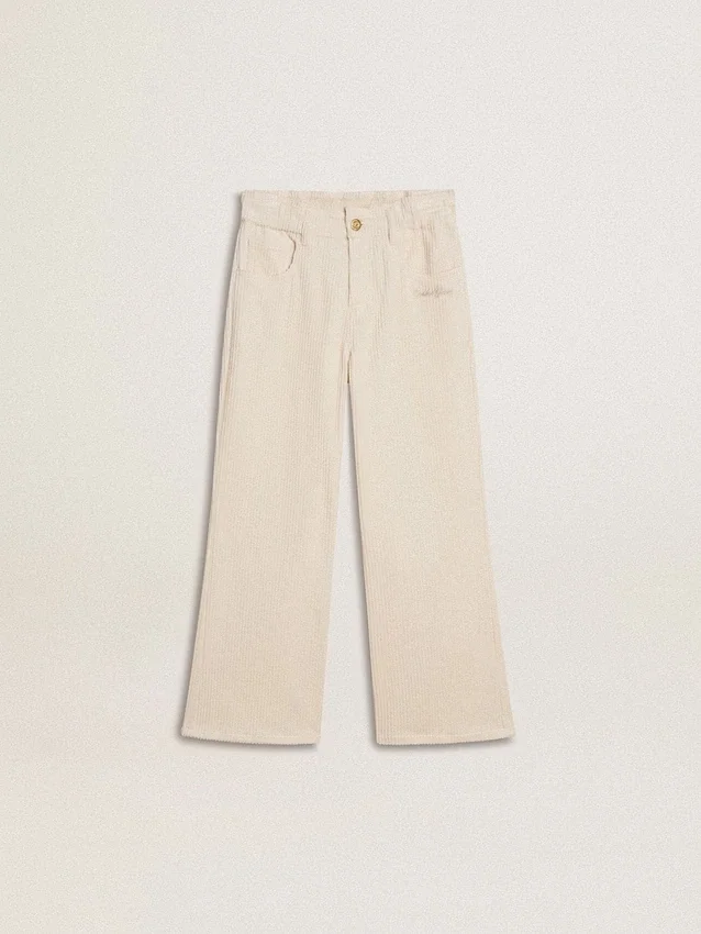 Pantalones anchos de canalé color crema con bordados para niñas