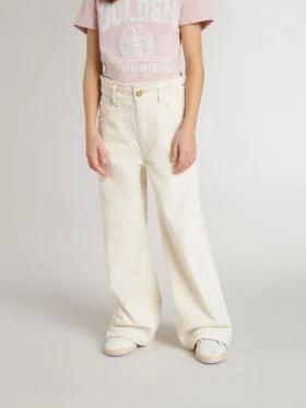 Pantalones anchos de canalé color crema con bordados para niñas