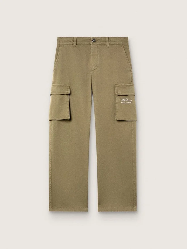 Pantalones cargo para niños de la colección Journey, en gabardina de algodón verde militar con estampado