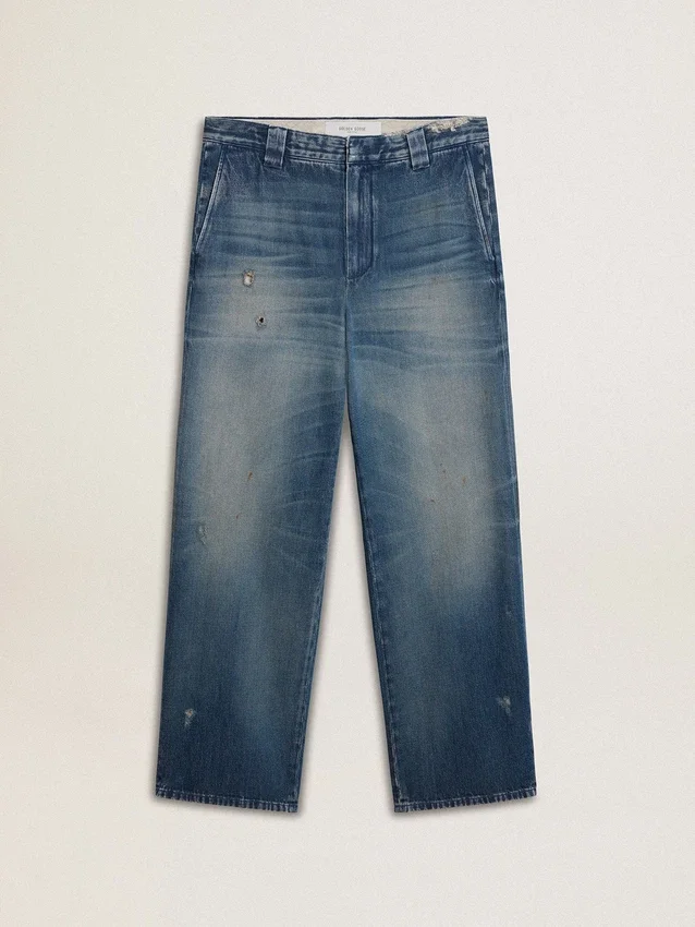 Pantalones chinos de denim para hombre con detalles desgastados