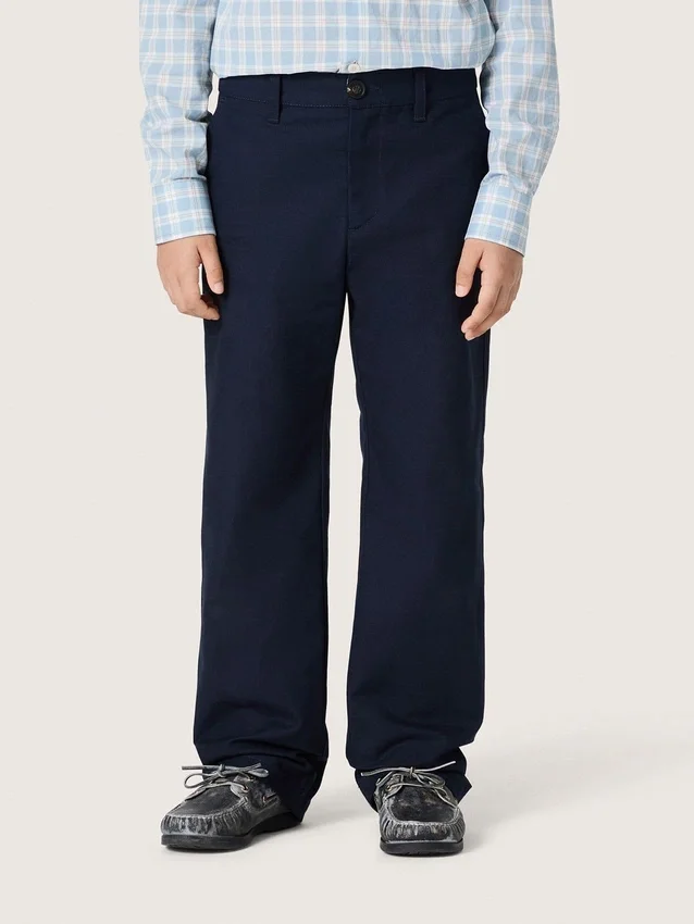 Pantalones chinos unisex «Journey» de lona de algodón azul con logotipo bordado