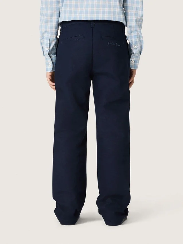 Pantalones chinos unisex «Journey» de lona de algodón azul con logotipo bordado