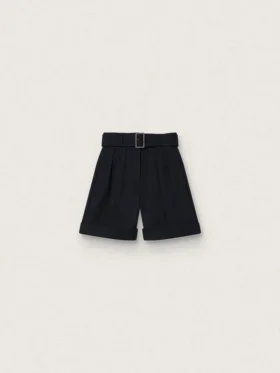 Pantalones cortos de mujer de gabardina de lana negra con cinturón