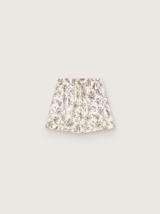 Pantalones cortos de mujer en popelín de algodón blanco y negro con estampado floral