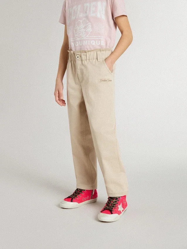 Pantalones de algodón beige para niñas con bordados
