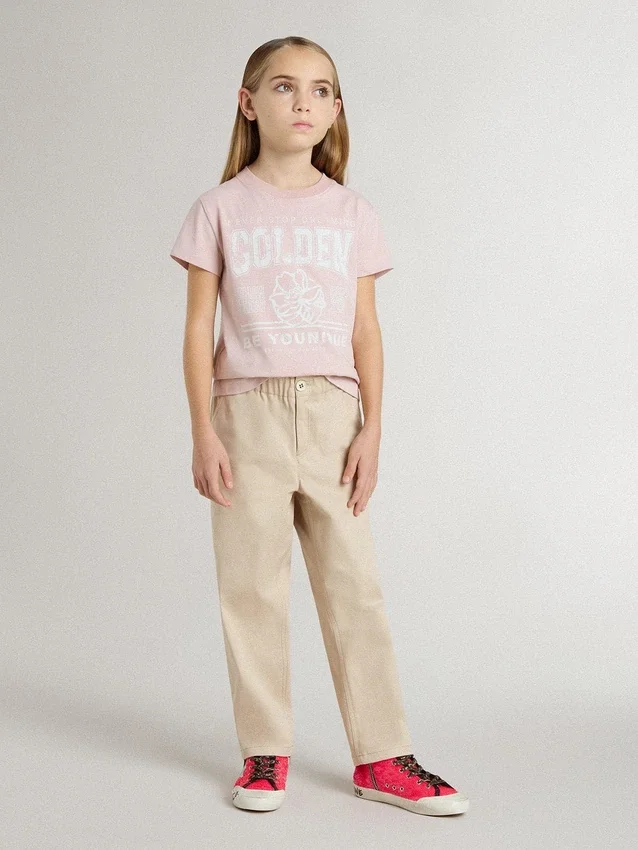 Pantalones de algodón beige para niñas con bordados