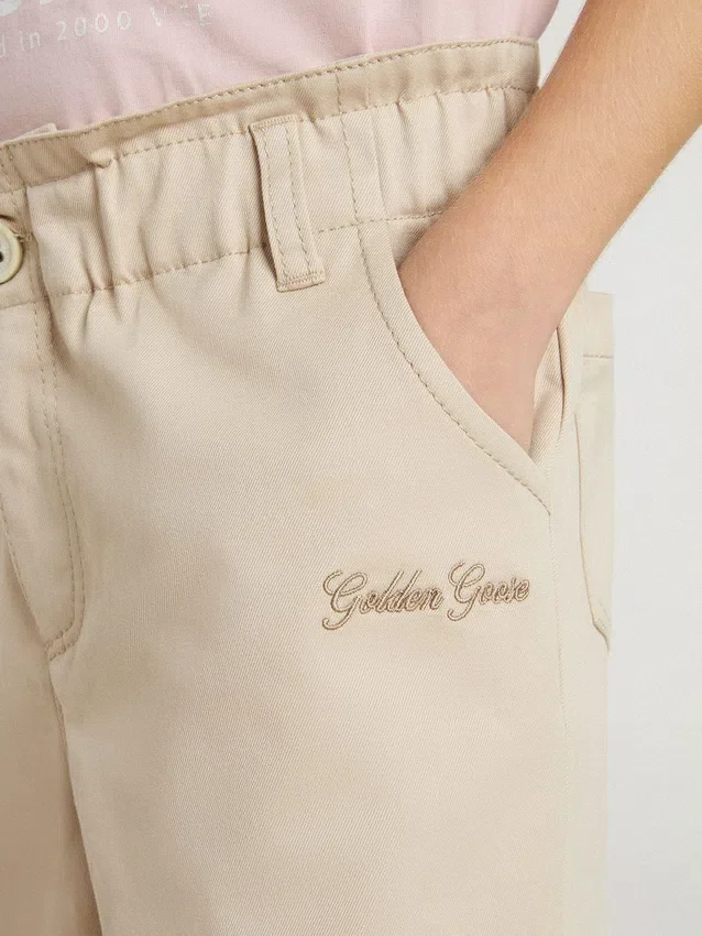 Pantalones de algodón beige para niñas con bordados