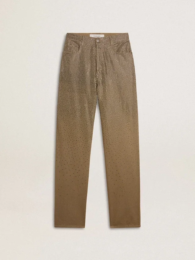 Pantalones de algodón de color caqui para mujer con efecto degradado de Swarovski