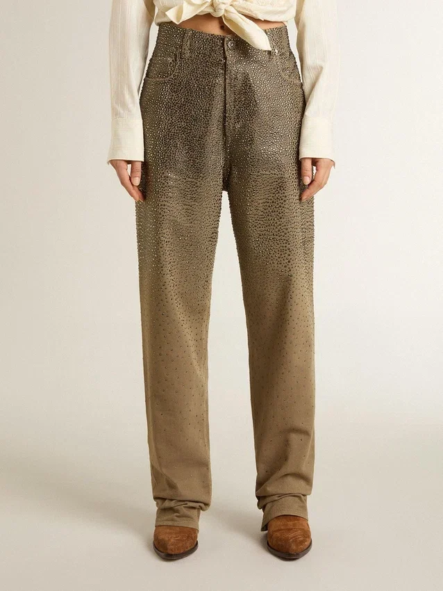 Pantalones de algodón de color caqui para mujer con efecto degradado de Swarovski