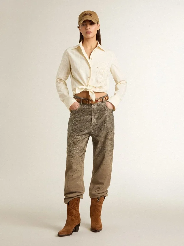 Pantalones de algodón de color caqui para mujer con efecto degradado de Swarovski